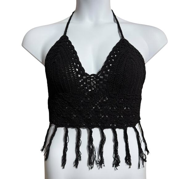 Uluwatu Black Boho crochet halter crop top with fringe - large - Picture 1 of 7